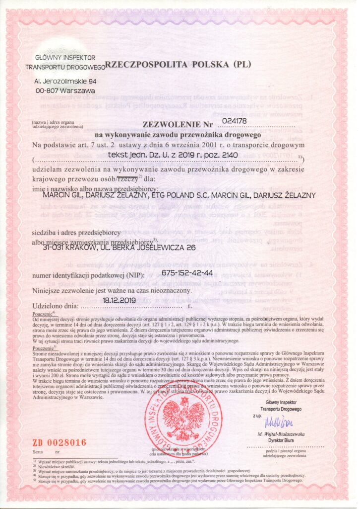Zezwolenie na wykonywanie zawodu przewoźnika drogowego (w kraju, bezterminowe) – wystawione dla ETG Poland s.c. (Marcin Gil, Dariusz Żelazny).