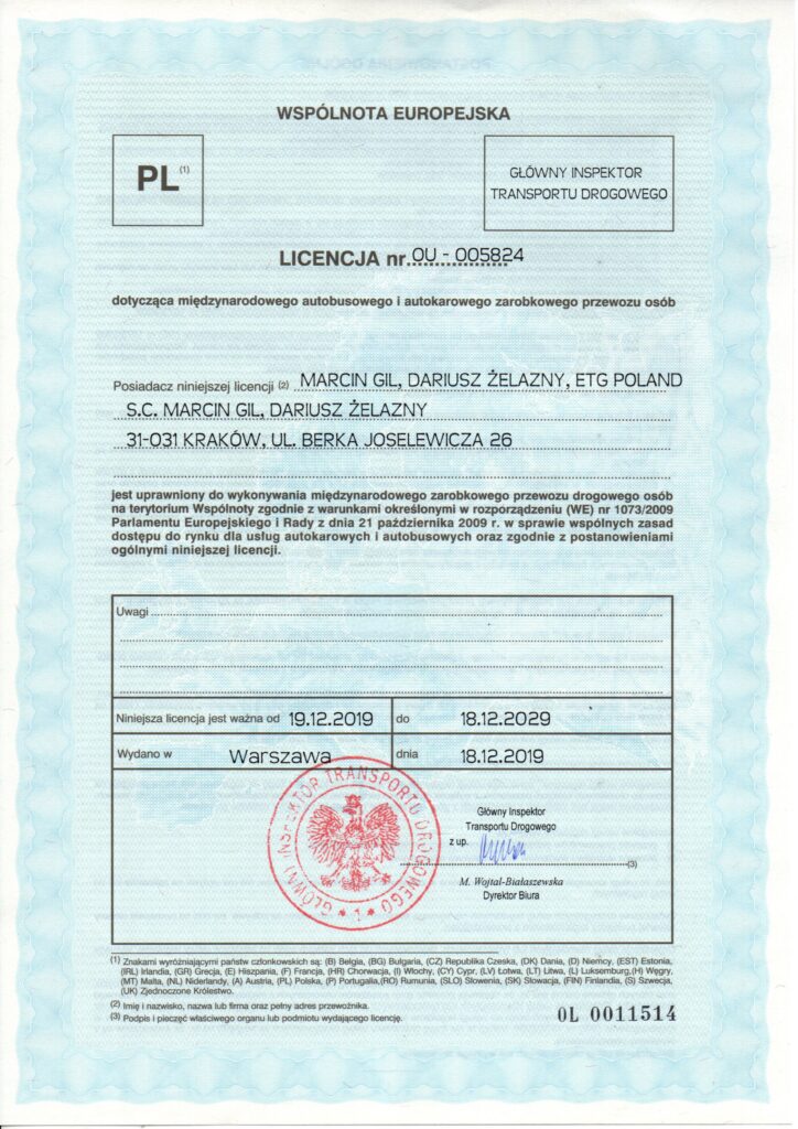Licencja wspólnotowa na międzynarodowy przewóz osób autokarami i autobusami – ważna od 19.12.2019 do 18.12.2029, również dla ETG Poland s.c.
